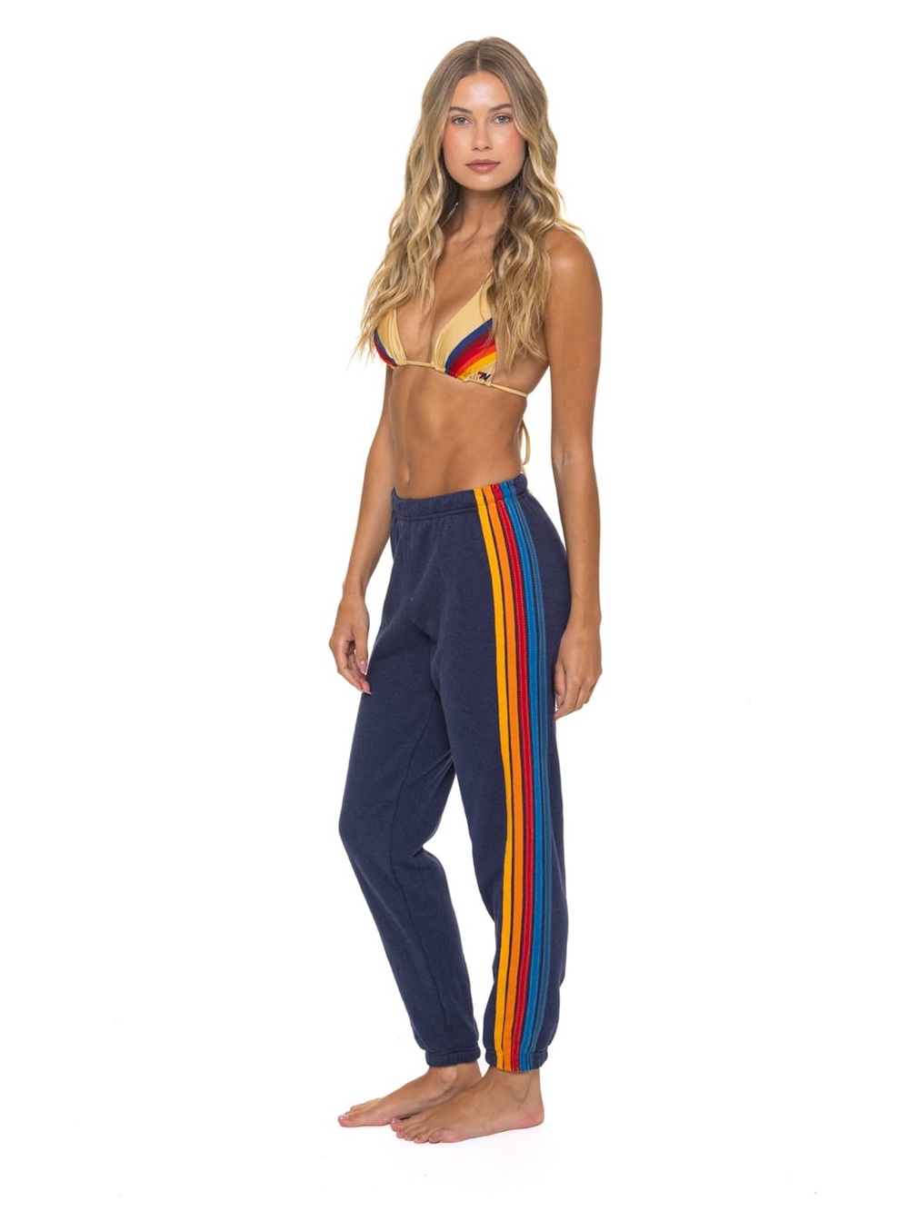 Aviator Nation 5 Stripe Sweatpants Navy Blue Orange Yellow Size Large L